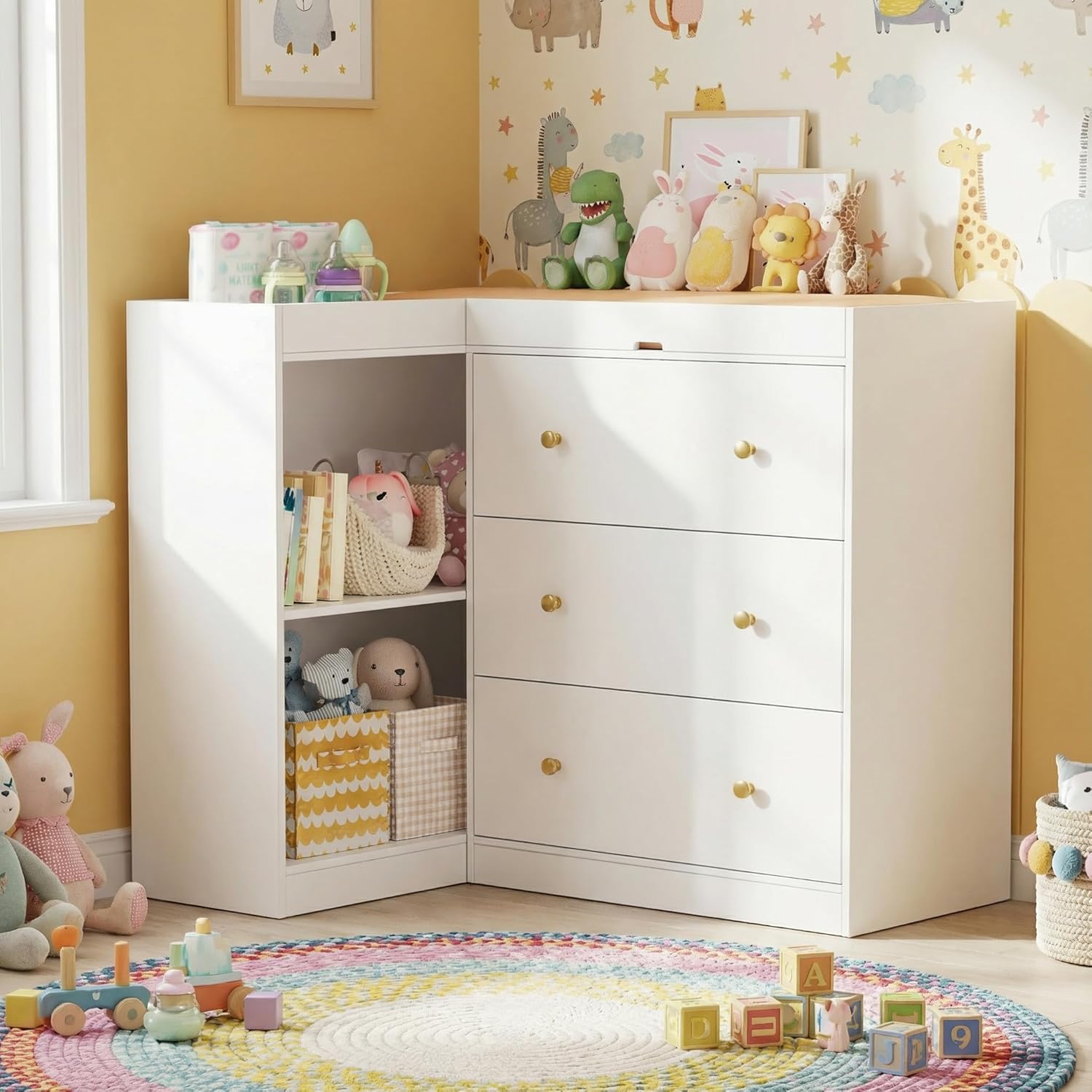 Baby Nursery Dresser Changing Table - # โต๊ะเปลี่ยนผ้าอ้อมเด็กแบบมุมพร้อมลิ้นชักและชั้นวางของอเนกประสงค์สำหรับห้องเด็ก