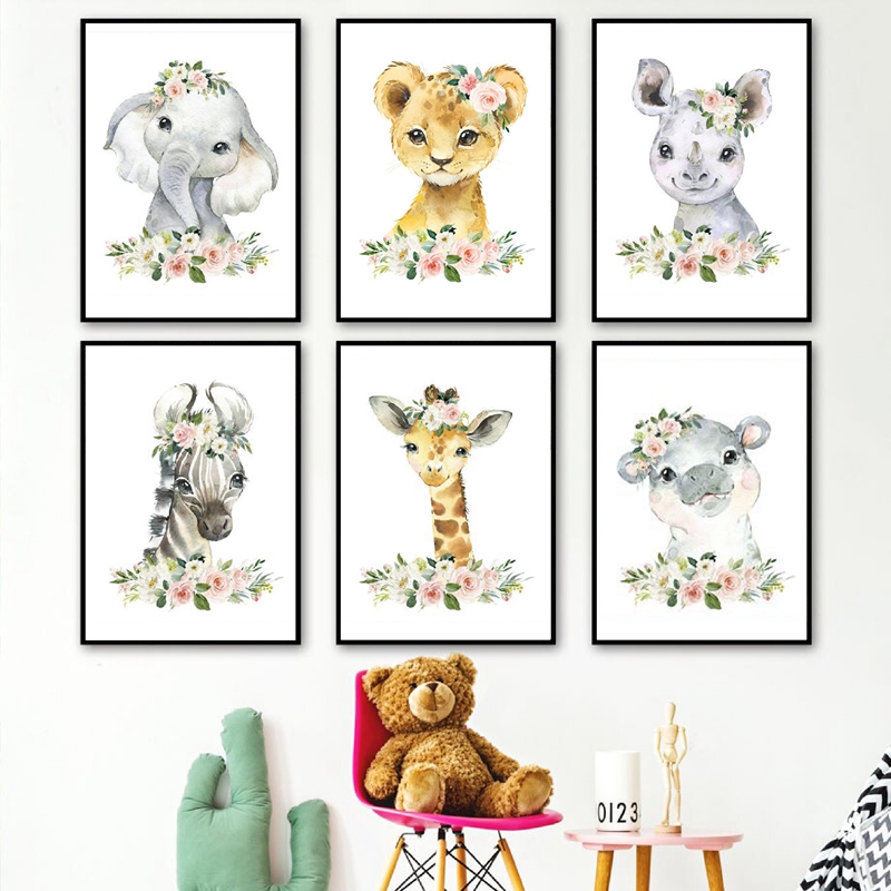 Baby Nursery Animal Pictures - ภาพพิมพ์บนผ้าใบลายดอกไม้และสัตว์ป่า ตกแต่งห้องเด็ก ลายช้าง ยีราฟ ภาพวาดติดผนัง โปสเตอร์สไตล์นอร์ดิก