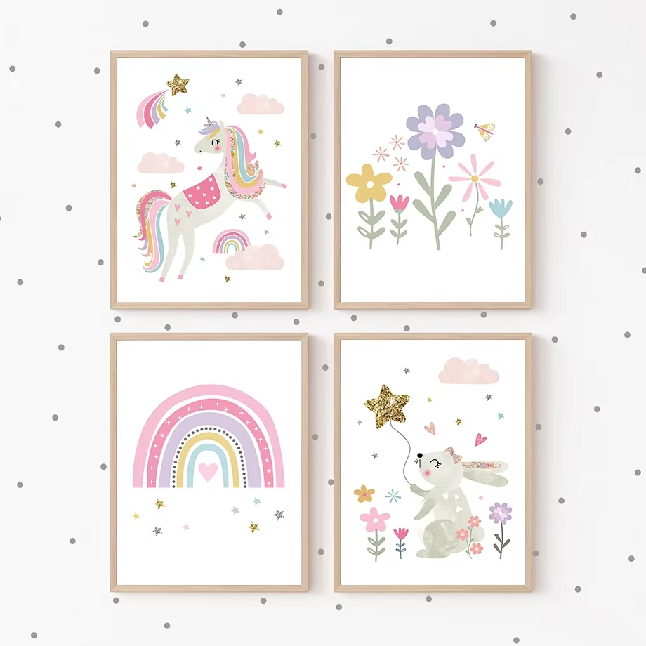 Baby Nursery Mirror - ภาพพิมพ์บนผ้าใบลายยูนิคอร์นสีชมพู กระต่าย เมฆสีรุ้ง ดอกไม้ สำหรับตกแต่งผนังห้องเด็ก ภาพโปสเตอร์และงานพิมพ์สำหรับตกแต่งห้องเด็กอ่อน