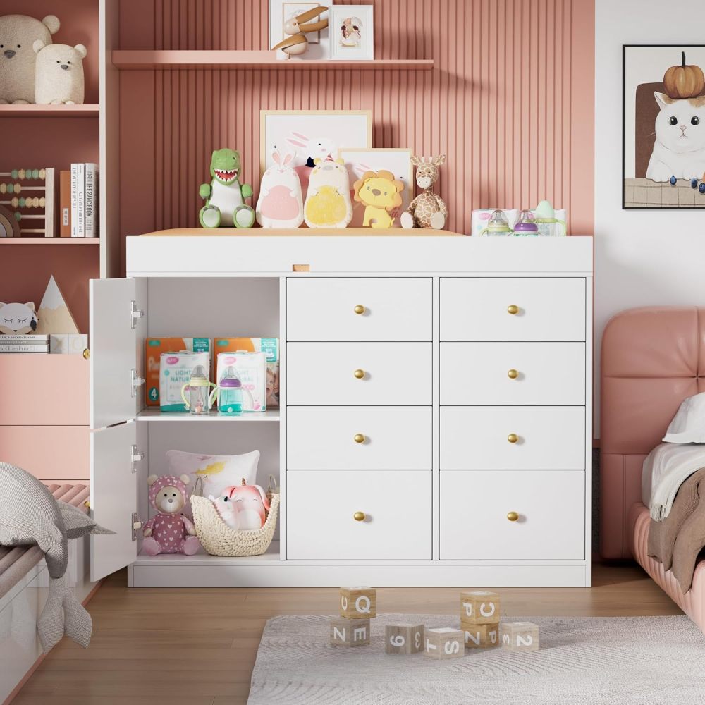 Baby Nursery Dresser Changing Table - ตู้เสื้อผ้าเด็กแบบคลาสสิกพร้อมลิ้นชัก 8 ช่องและตู้ 2 ช่อง, โต๊ะเปลี่ยนผ้าอ้อมเด็กอเนกประสงค์,