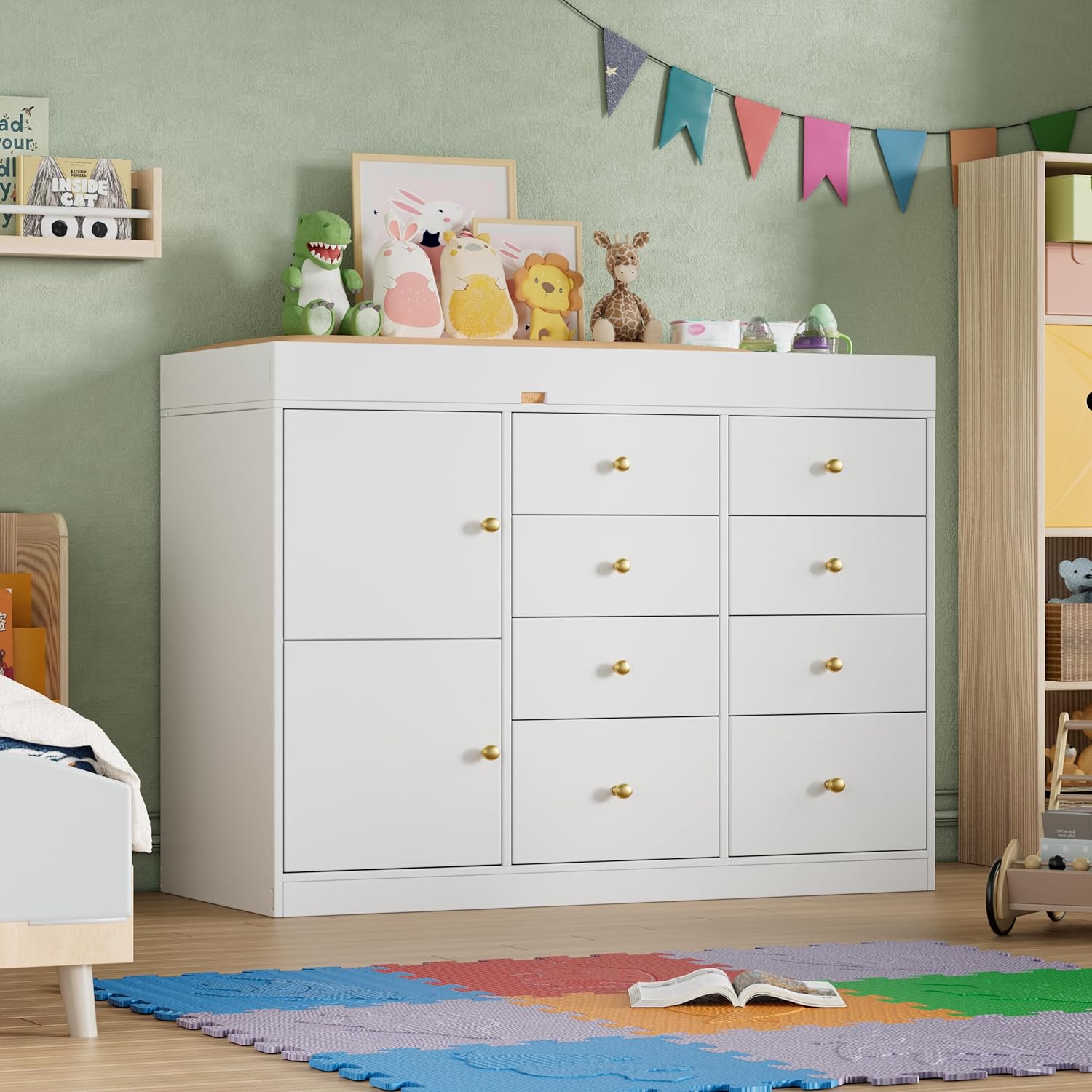 Baby Nursery Dresser Changing Table - โต๊ะเปลี่ยนผ้าอ้อมเด็กแบบคลาสสิก พร้อมลิ้นชัก 8 ช่อง และตู้ 2