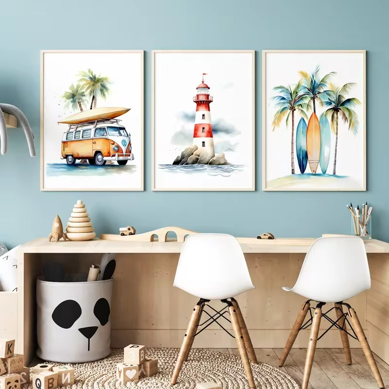 Baby Nursery Mirror - สถานรับเลี้ยงเด็กลาย Surf ประภาคารชายหาดศิลปะบนผนังภาพวาดผ้าใบโปสเตอร์พิมพ์ลายชายฝั่งสำหรับเด็กห้องเด็กเล่น