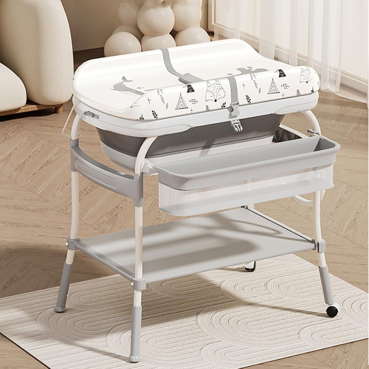 Baby Nursery Dresser Changing Table - โต๊ะเปลี่ยนผ้าอ้อมเด็ก 2 in 1 พร้อมอ่างอาบน้ำ โต๊ะเปลี่ยนผ้าอ้อมแบบพับได้พร้อมล้อเลื่อน