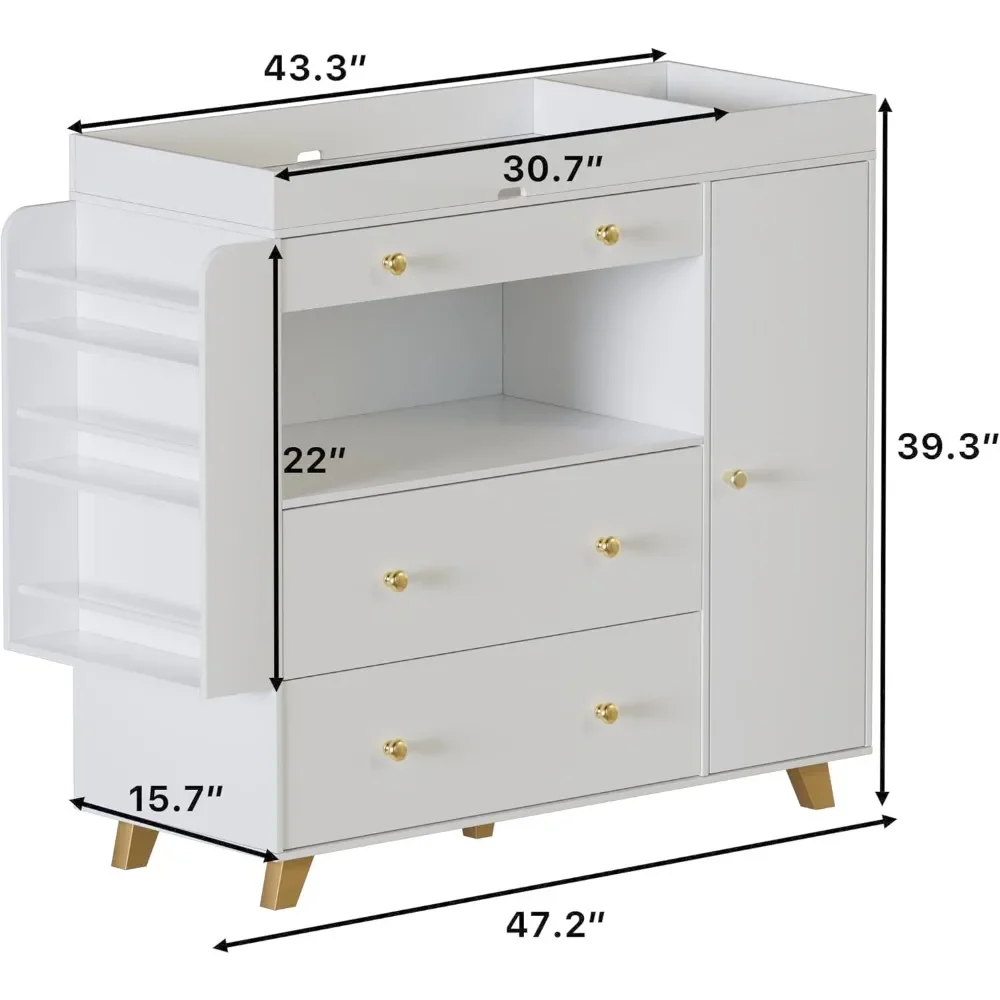 Baby Nursery Dresser Changing Table - ตู้เสื้อผ้าเด็กอ่อน, โต๊ะเปลี่ยนผ้าอ้อมเด็ก, สถานีเปลี่ยนผ้าอ้อมทันสมัย, สามลิ้นชักและชั้นวาง