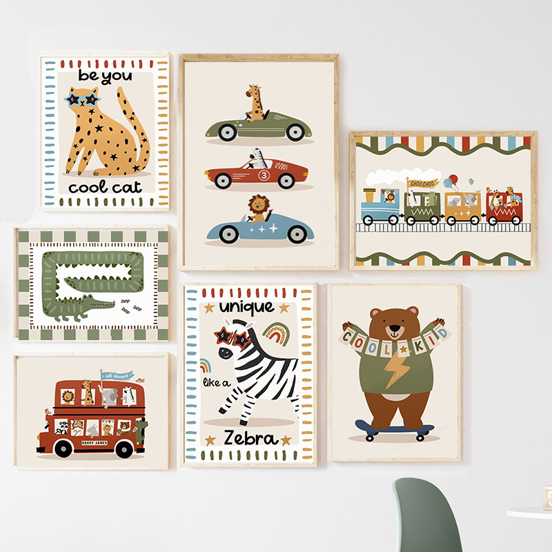 Baby Nursery Animal Pictures - ภาพวาดการ์ตูนสัตว์ตลกๆ สำหรับตกแต่งผนังห้องเด็ก ภาพพิมพ์บนผ้าใบ ลายเสือดาว หมี ม้าลาย