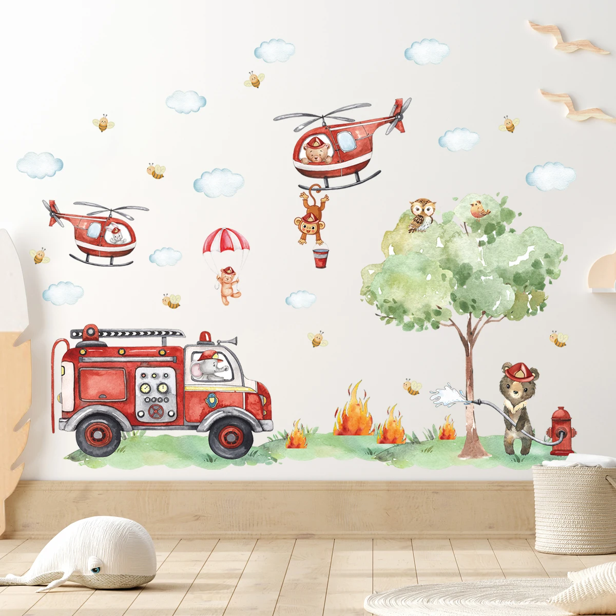 Baby Nursery Water - การ์ตูนสัตว์ Fire Fighting รถบรรทุกเด็กสติ๊กเกอร์ติดผนังสําหรับเนอสเซอรี่เด็กห้องนอนเด็กตกแต่งห้องนั่งเล่น Wall Decals