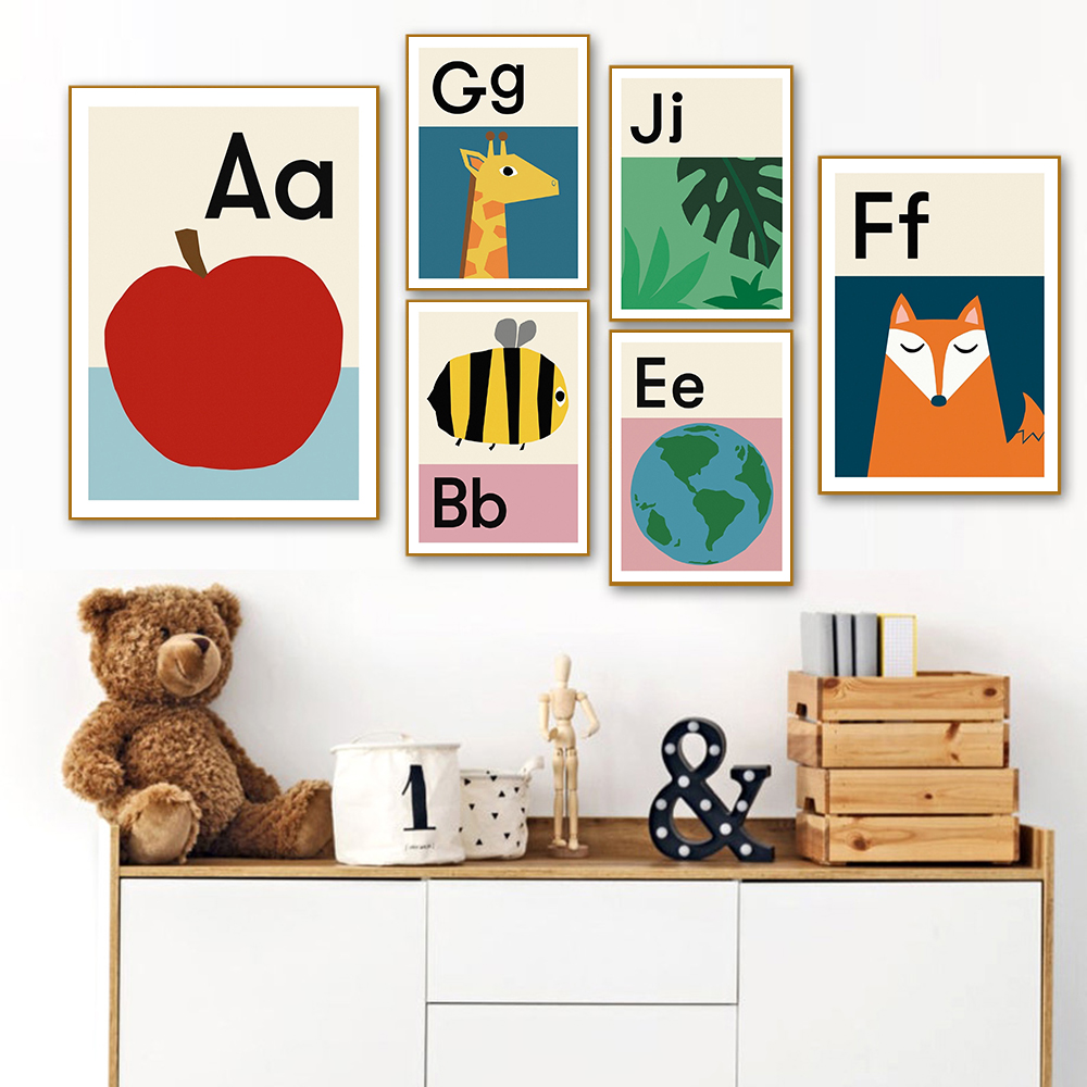 Baby Nursery Images Free - โปสเตอร์การ์ตูน ABCD ตัวอักษรภาษาอังกฤษ ภาพวาดบนผ้าใบเพื่อการศึกษา ภาพสัตว์ ภาพพิมพ์ติดผนังห้องเด็ก