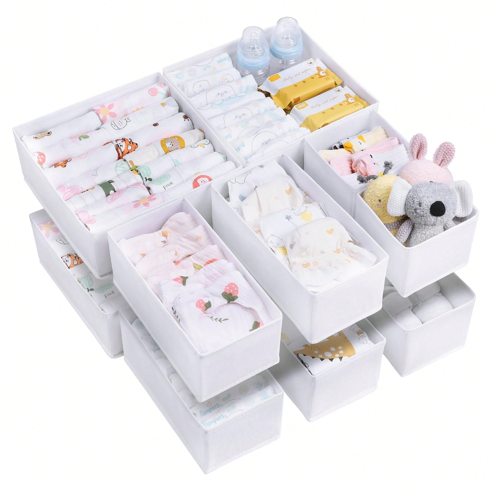 Baby Nursery Dresser Changing Table - ชุดกล่องจัดระเบียบลิ้นชักตู้เสื้อผ้าเด็ก 12 ชิ้น ผ้าสีขาว พับเก็บได้ กล่องเก็บของในลิ้นชักตู้เสื้อผ้าแบบพับได้
