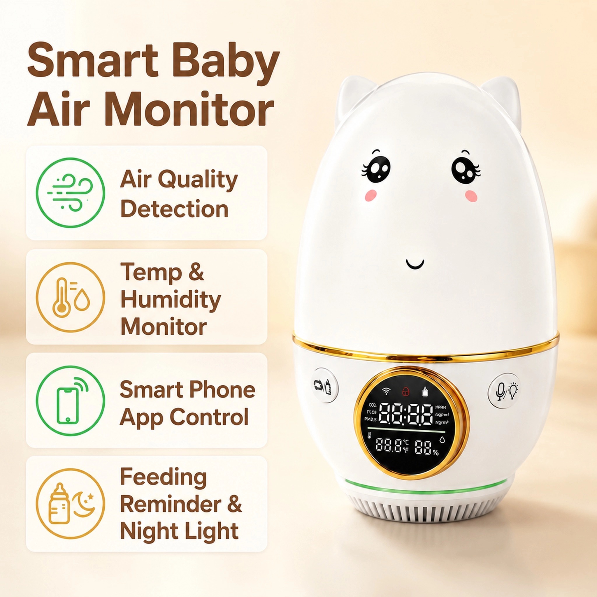 Baby Nursery Co - HoldPeak เครื่องตรวจวัดค่า CO₂±50ppm อุณหภูมิ±1 ℃ ระบบแจ้งเตือนการให้อาหาร