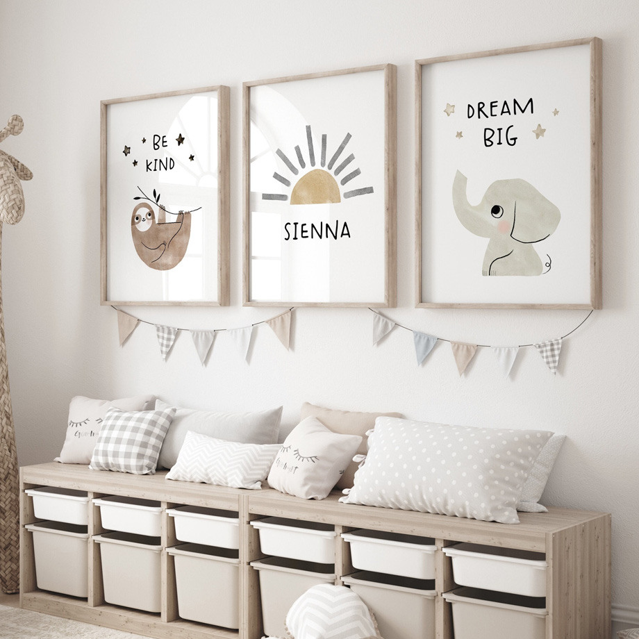 Baby Nursery Animal Pictures - ช้าง Sloth แสงแดดผ้าใบเด็กโปสเตอร์ Nursery Wall Art