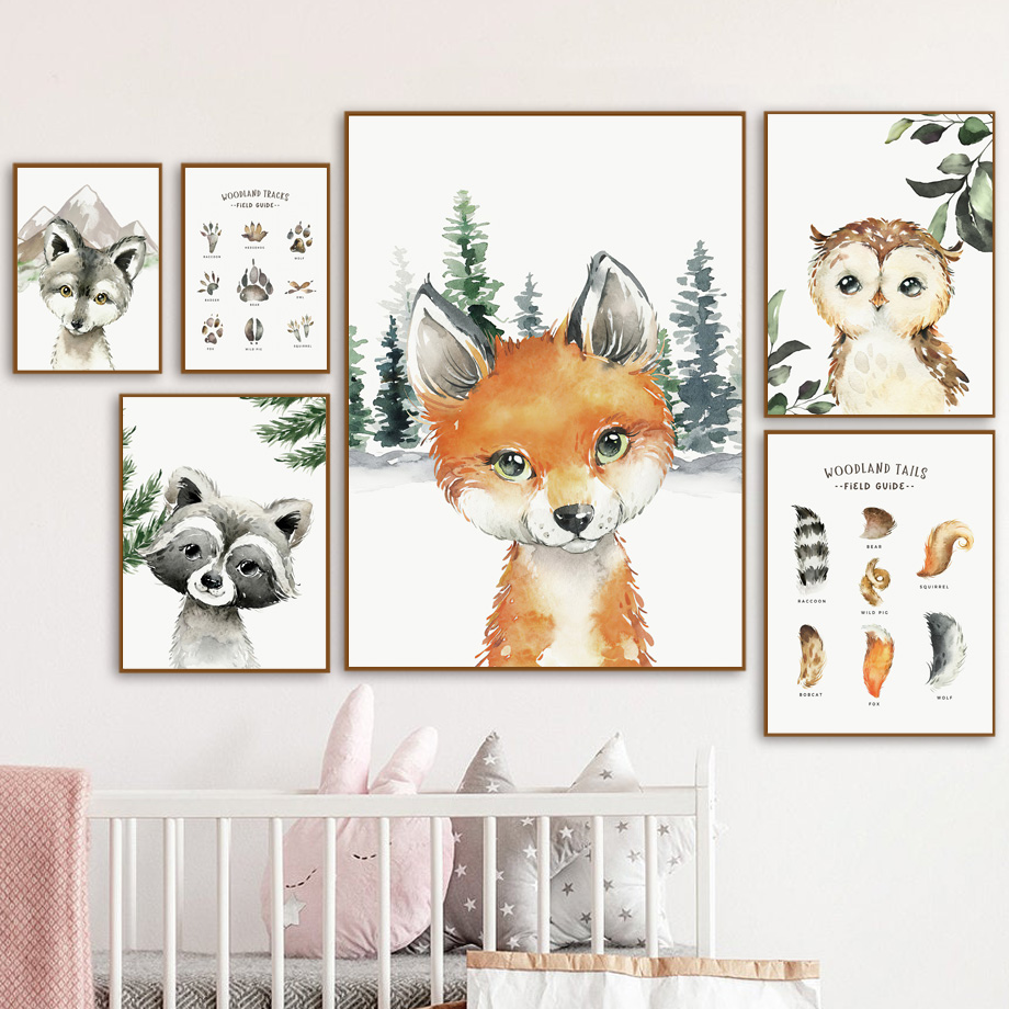 Baby Nursery Animal Pictures - จิตรกรรมผ้าใบลายสัตว์ป่า หมาป่า แรคคูน นกฮูก สำหรับตกแต่งห้องเด็ก โปสเตอร์และภาพพิมพ์สไตล์นอร์ดิก