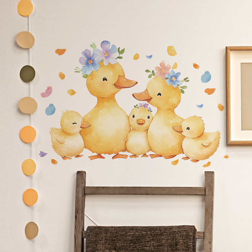 Baby Nursery Yellow Walls - การ์ตูนเป็ดสีเหลืองครอบครัวสติ๊กเกอร์ติดผนังน่ารักดอกไม้เป็ดสัตว์สําหรับห้องเด็กห้องนอนเด็กเนอสเซอรี่ผนังตกแต่ง