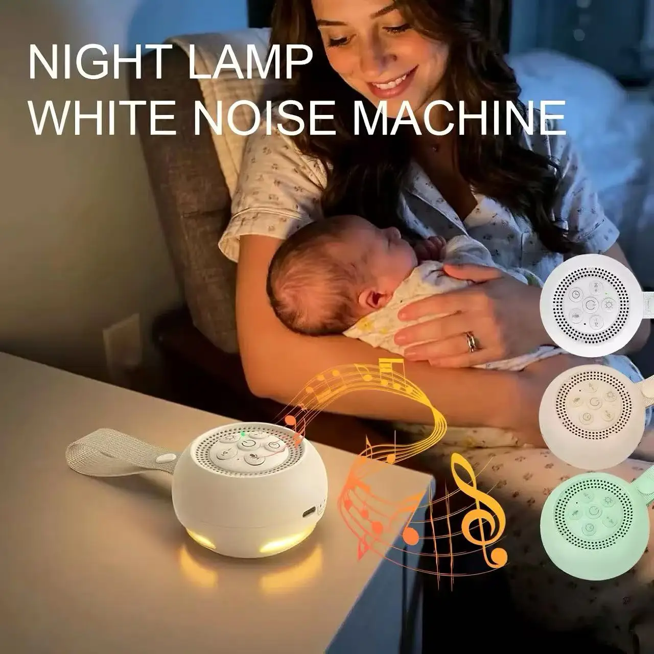 Baby Sound Machine White - เครื่องเสียงไวท์นอยส์พร้อมไฟกลางคืนอุ่นๆ เครื่องช่วยให้เด็กนอนหลับ ฟังก์ชั่นผ่อนคลาย สายคล้องแขวน อุปกรณ์ช่วยให้ทารกนอนหลับ