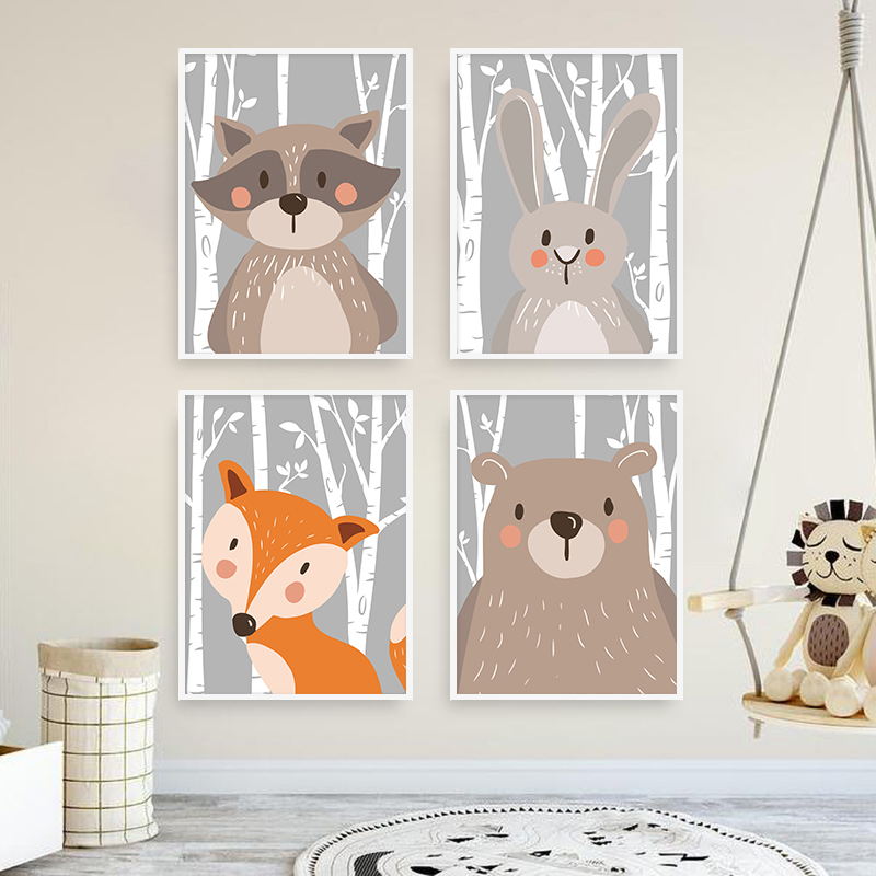 Baby Nursery Mirror - สัตว์ป่าพิมพ์โปสเตอร์หมีกระต่าย Fox ภาพวาดผ้าใบบนผนังสําหรับห้องนอนเด็กเนอสเซอรี่ภาพเด็กตกแต่งห้อง