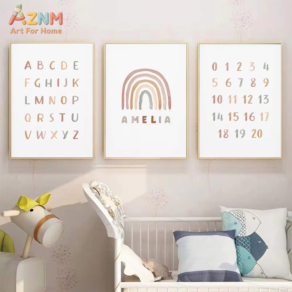Baby Nursery Mirror - โปสเตอร์สั่งทำ ABC 123 ลายรุ้ง พิมพ์ชื่อเด็ก ของขวัญเด็ก
