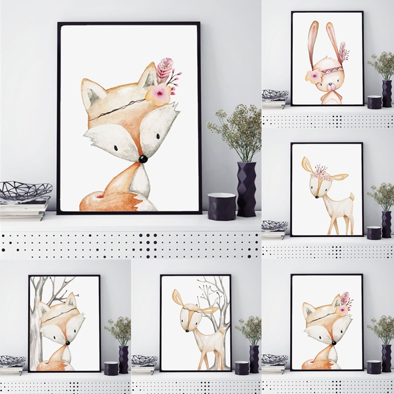 Baby Nursery Animal Pictures - การ์ตูนกระต่ายโปสเตอร์ Fox Deer ภาพวาด Nursery Decor