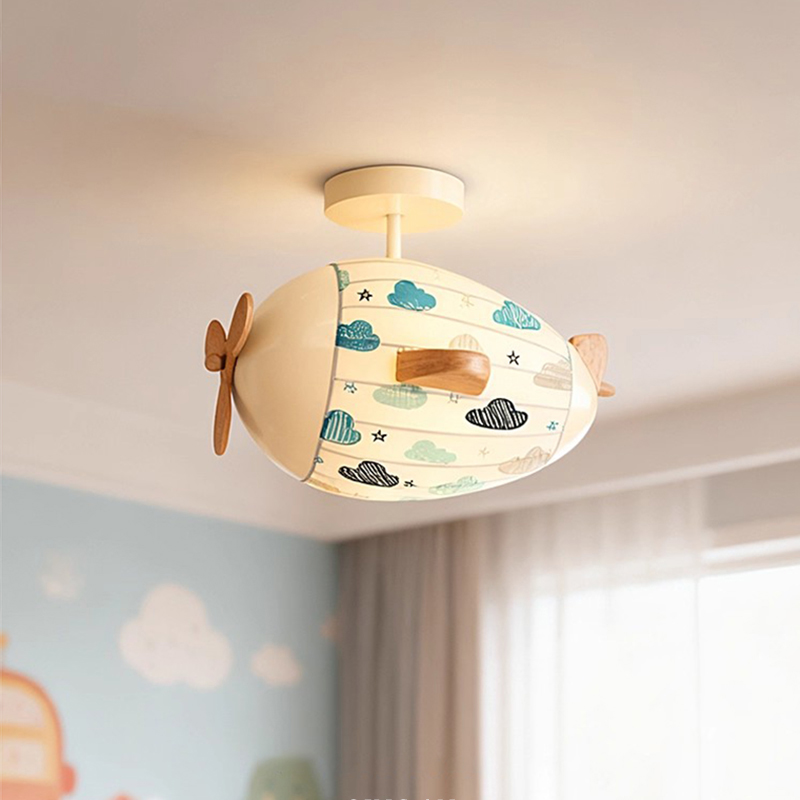 Baby Nursery Ceiling Light - โคมไฟเพดานรูปเครื่องบินสำหรับห้องเด็ก โคมไฟเฮลิคอปเตอร์ผ้า ไฟ LED สร้างสรรค์ แสงอบอุ่น