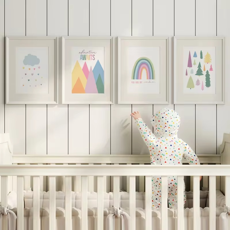 Baby Nursery Mirror - Boho ABC รุ้งดวงอาทิตย์เมฆผจญภัยสถานรับเลี้ยงเด็กศิลปะบนผนังผ้าใบภาพวาดพิมพ์โปสเตอร์คาวาอี้การตกแต่งบ้านห้องเด็กทารก