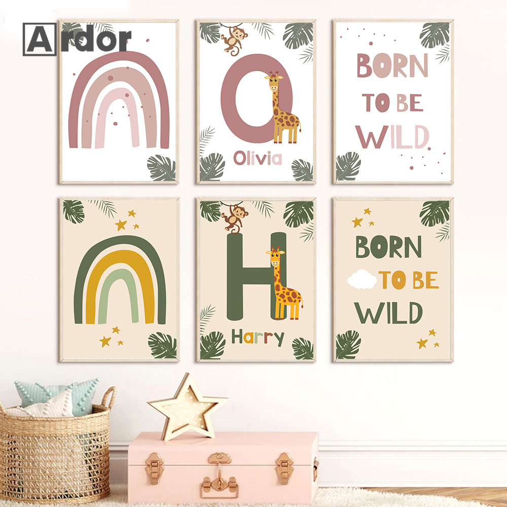 Baby Nursery Animal Pictures - Nordic สัตว์ป่าโปสเตอร์ที่กําหนดเองชื่อภาพวาดผ้าใบ Rainbow Wall Art พิมพ์เนอสเซอรี่ภาพโปสเตอร์สําหรับเด็กทารกตกแต่งห้อง