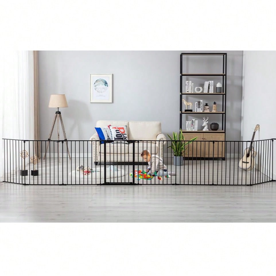 Baby Gate Extra Wide - ประตูกั้นเด็กสีดำแบบกว้างพิเศษพร้อมประตู, รั้วกั้นเด็กโลหะยาว, รั้วกั้นสัตว์เลี้ยงสูงสำหรับบันไดบ้าน ประตูทางเข้า, รั้วนิรภัยสำหรับเด็ก บริเวณเตาผิง