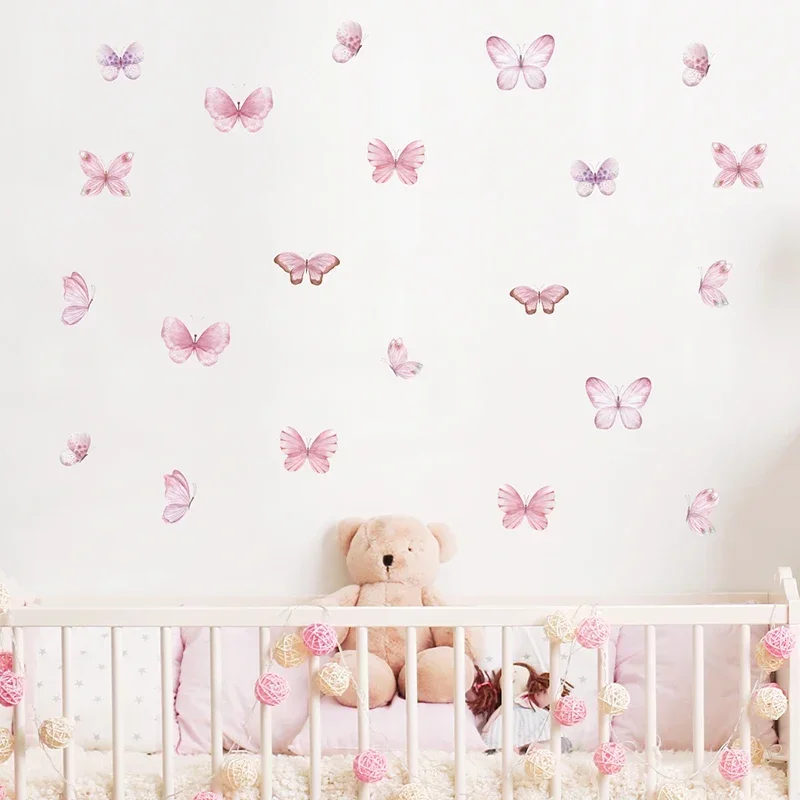 Baby Nursery Water - 17 ชิ้นสีน้ําสีชมพูบินผีเสื้อรูปแบบสติ๊กเกอร์ติดผนังสําหรับห้องเด็กตกแต่งห้องเด็กกําแพง D Ecals ตกแต่งบ้าน