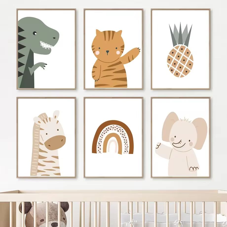Baby Nursery Animal Pictures - รุ้งดวงอาทิตย์สิงโตไดโนเสาร์ภาพวาดผ้าใบพิมพ์ลายศิลปะบนผนังโบโฮโปสเตอร์นอร์ดิกภาพติดผนังของตกแต่งห้องเด็กเล็ก
