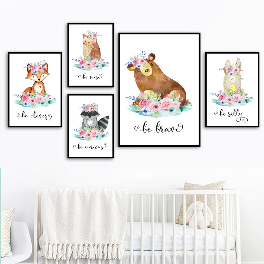 Baby Nursery Animal Pictures - การ์ตูนฟ็อกซ์กวางกระต่ายเด็กสัตว์ Wall Art ภาพวาดผ้าใบ Nordic โปสเตอร์และพิมพ์ภาพผนัง