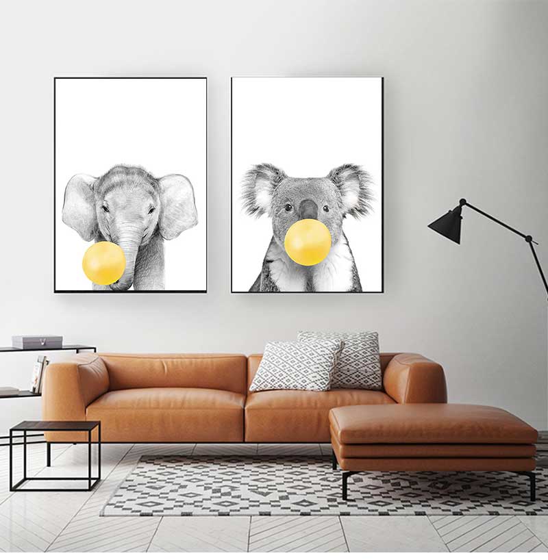 Baby Nursery Yellow Walls - ภาพพิมพ์บนผ้าใบแบบไม่มีกรอบ 1 ชิ้น ภาพวาดตกแต่งห้องเด็ก ลูกโป่งสีเหลือง ลายสัตว์