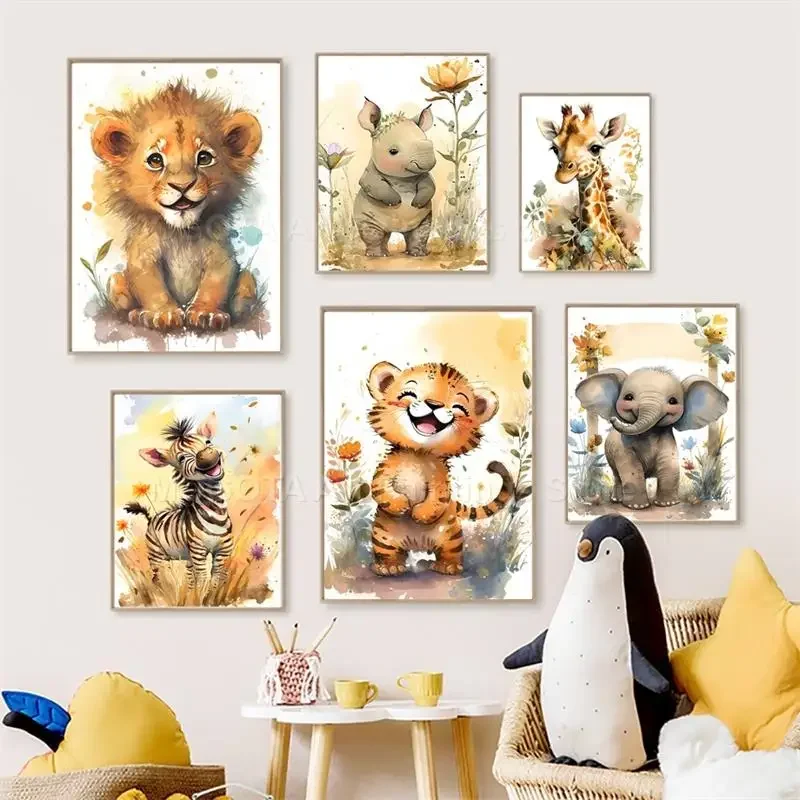 Baby Nursery Animal Pictures - สีน้ำสิงโตยีราฟเสือช้างม้าลายเนอสเซอรี่ศิลปะบนกำแพงภาพวาดผ้าใบสัตว์โปสเตอร์พิมพ์ภาพเด็กทารกเด็กตกแต่งห้อง