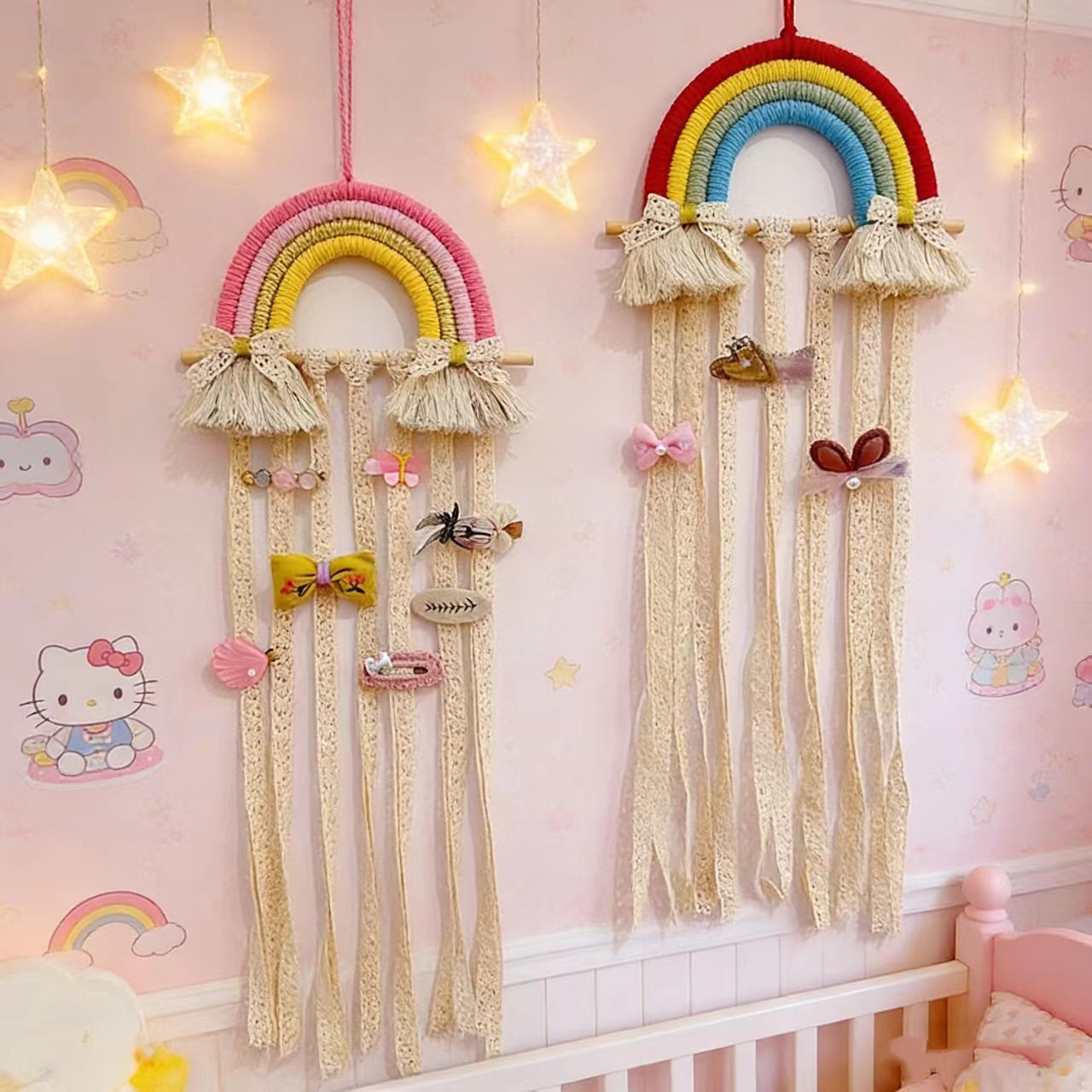 Baby Nursery Ideas Girl - ที่แขวนโบว์ผูกผมแมคราเม่สีรุ้ง สำหรับเก็บอุปกรณ์เสริมผมเด็ก ที่แขวนผนัง ตกแต่งสไตล์โบโฮ สำหรับห้องเด็กผู้หญิง