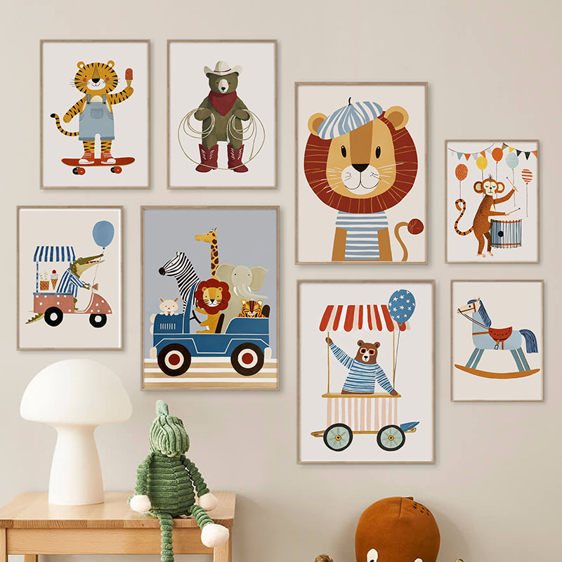 Baby Nursery Animal Pictures - ภาพวาดการ์ตูนสัตว์ตลกๆ สำหรับตกแต่งผนังห้องเด็ก ภาพพิมพ์บนผ้าใบ ลายสิงโต หมี เสือ