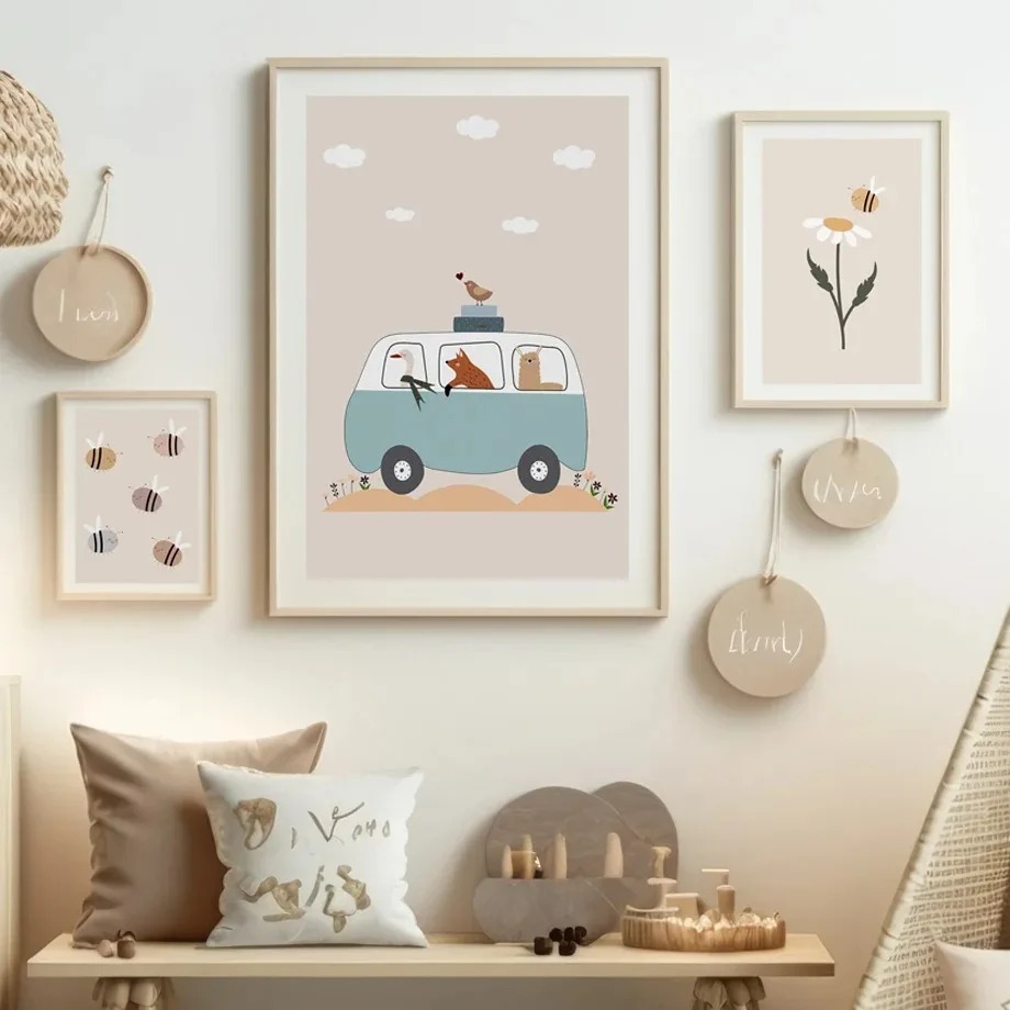 Baby Nursery Animal Pictures - ภาพการ์ตูนตลกๆรูปกระรอกผึ้งศิลปะบนผนังสีเบจโปสเตอร์ผ้าใบสำหรับสถานรับเลี้ยงเด็กภาพพิมพ์คาวาอี้ของตกแต่งห้องเด็กเล็ก
