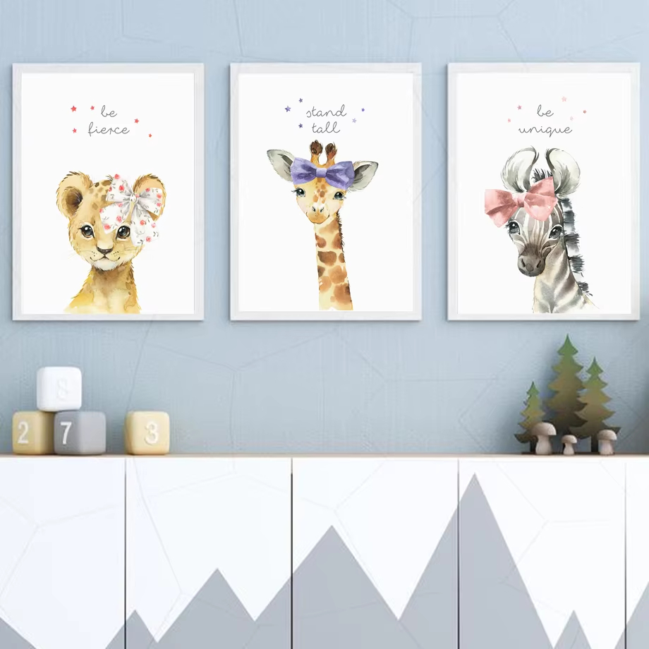 Baby Nursery Animal Pictures - สิงโตม้าลายยีราฟช้าง Hippo ดอกไม้ Nursery Wall Art