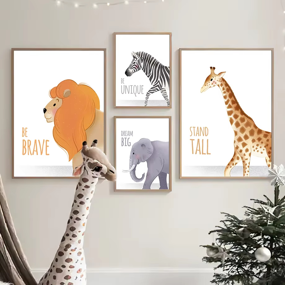 Baby Nursery Animal Pictures - คําคมสร้างแรงบันดาลใจ Nursery Wall Art ภาพจิตรกรรมฝาผนังช้างยีราฟสิงโตแรดภาพวาดผ้าใบโปสเตอร์พิมพ์ภาพตกแต่งห้องเด็ก
