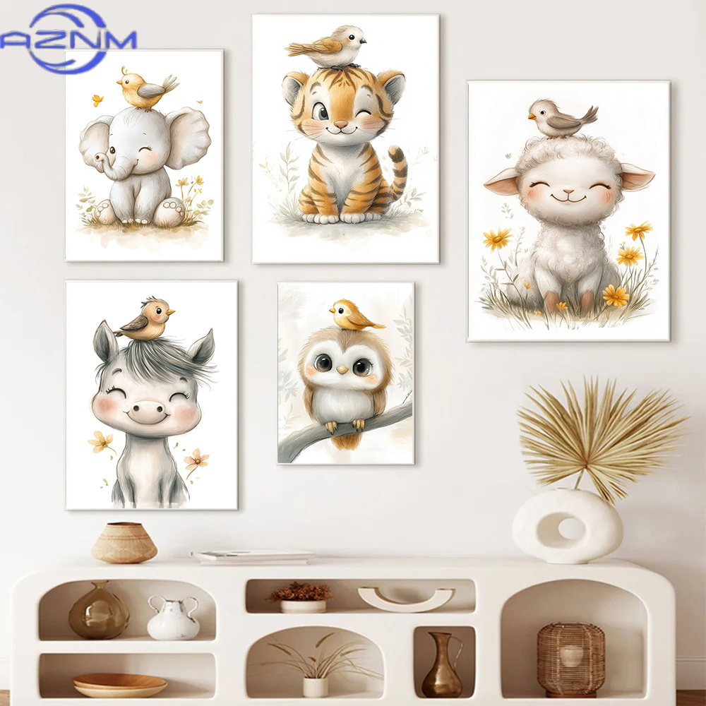 Baby Nursery Animal Pictures - AZNM สไตล์โบโฮการ์ตูนภาพประกอบสัตว์โปสเตอร์พิมพ์ภาพวาดบนผืนผ้าใบภาพศิลปะติดผนังห้องนั่งเล่นบ้านห้องเด็กเนอสเซอรี่