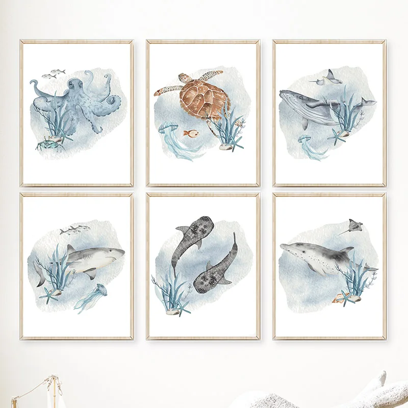 Baby Nursery Animal Pictures - โปสเตอร์และภาพพิมพ์ปลาวาฬปลาฉลามปลาหมึกเต่าสัตว์ทะเลศิลปะติดผนังห้องเด็กภาพวาดบนผ้าใบภาพตกแต่งห้องเด็ก