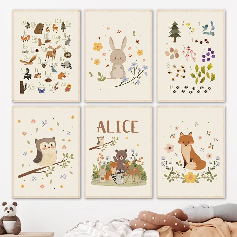 Baby Nursery Animal Pictures - ภาพพิมพ์บนผ้าใบลายกระต่าย จิ้งจอก นกฮูก หมี ตัวอักษร ตัวเลข