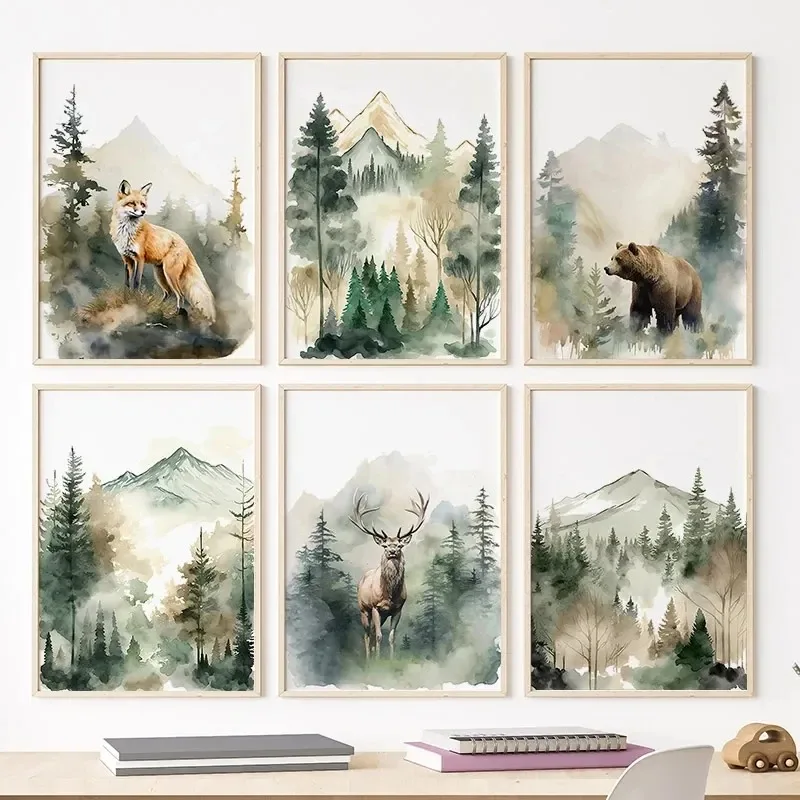 Baby Nursery Animal Pictures - โปสเตอร์และภาพพิมพ์สไตล์นอร์ดิก ป่าหมอก หมี หมาป่า กวาง สัตว์ต่างๆ