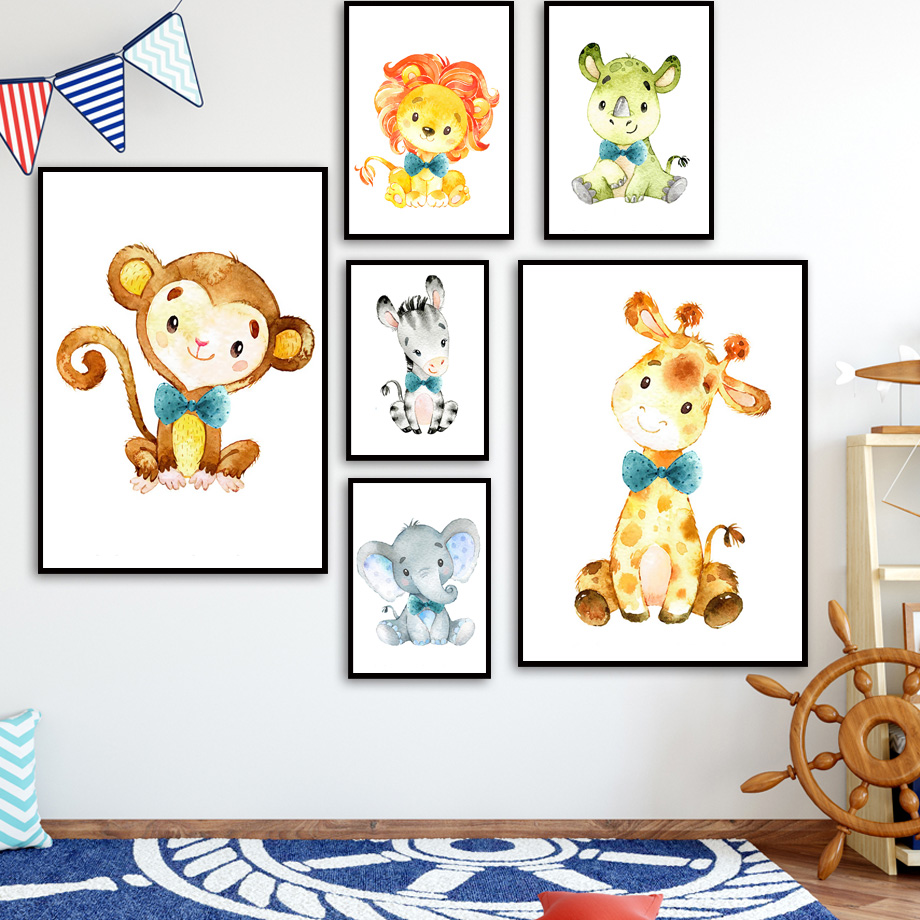Baby Nursery Mirror - Wall Art ภาพวาดผ้าใบการ์ตูนสิงโตช้างยีราฟ ZEBRA นอร์ดิกโปสเตอร์และพิมพ์เนอสเซอรี่สัตว์ภาพผนังเด็กทารก Ro