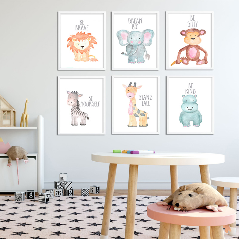 Baby Nursery Mirror - เด็กสัตว์สิงโตช้างยีราฟโปสเตอร์ผ้าใบ Nursery Wall Art พิมพ์ภาพวาด Nordic