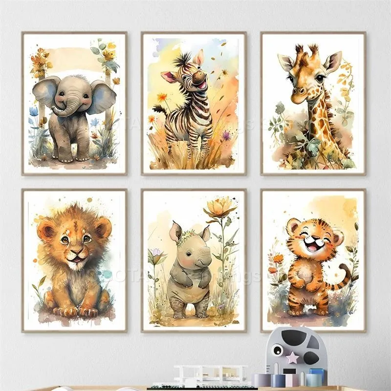 สีน้ำสิงโตยีราฟเสือช้างม้าลายเ - Baby Nursery Animal Pictures บทวิจารณ์และราคา