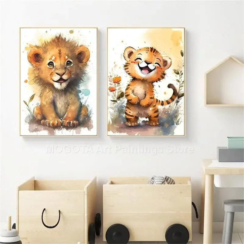 สีน้ำสิงโตยีราฟเสือช้างม้าลายเ - Baby Nursery Animal Pictures บทวิจารณ์และราคา